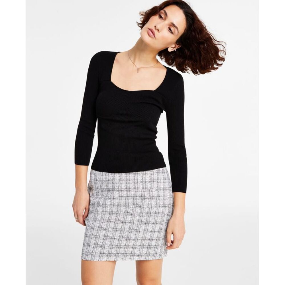 BAR III Women's 3/4-Sleeve Square-Neck Sweater